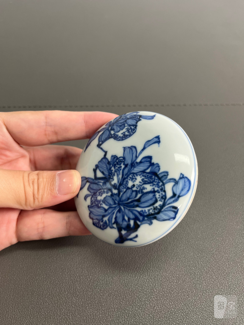 清康熙  青花瑞果花卉纹印泥盒（附木盒） - 图6